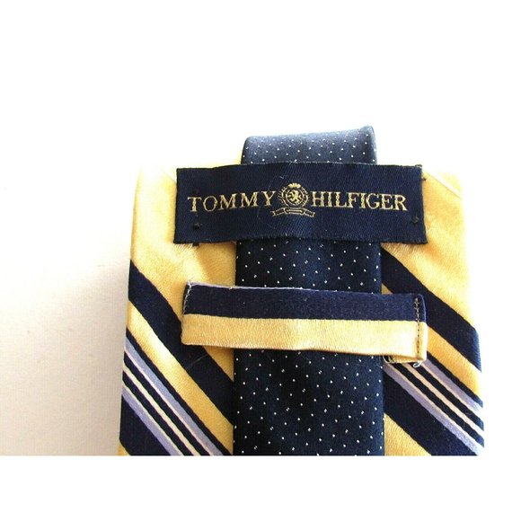 Men's Ties Designer Tommy Hilfiger Yellow Multi Color Striped 100% Silk Tie - Picture 7 of 8